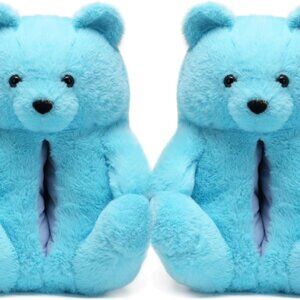 Women's Faux Fur Teddy Bear Slippers Light Blue Indoor Outdoor Comfort